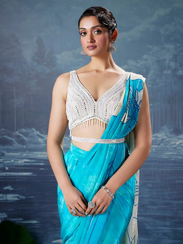 Aqua silk ready to wear saree with print