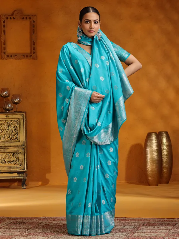 Aqua silk saree for festivals