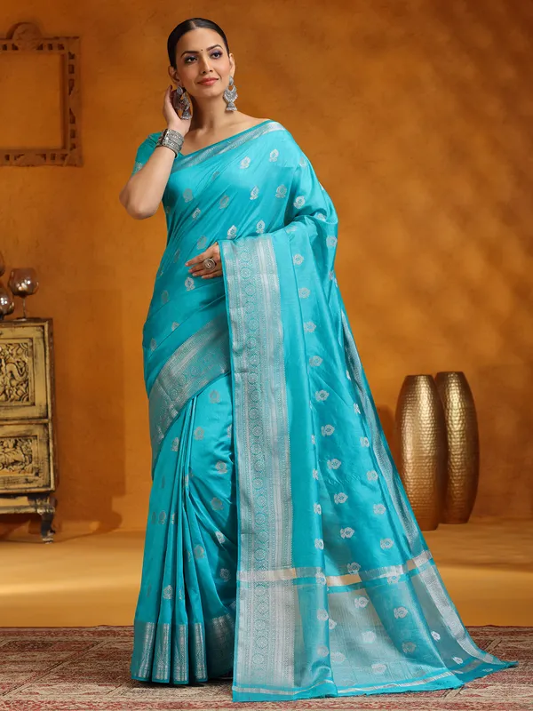 Aqua silk saree for festivals