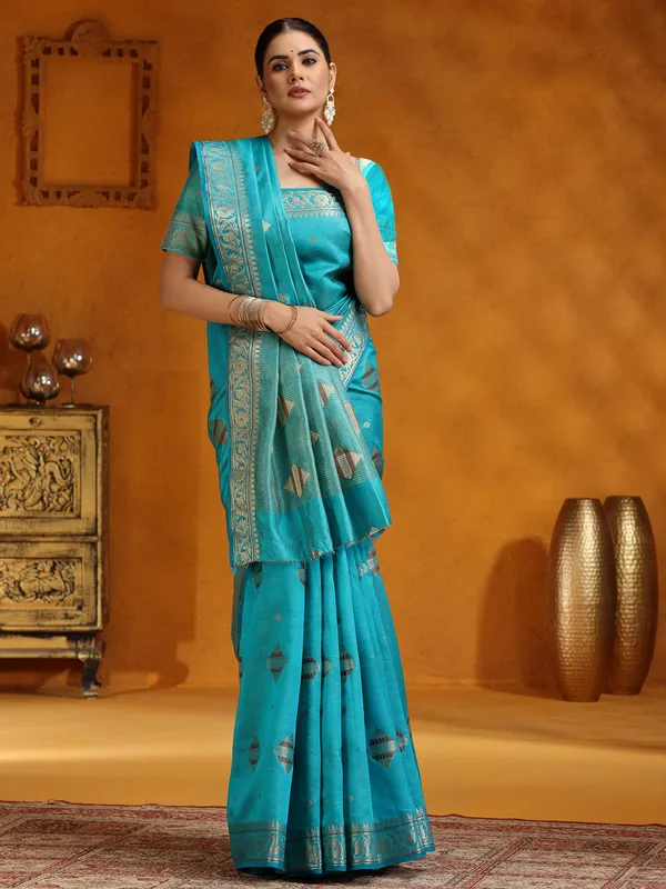 Aqua silk saree for festive wear