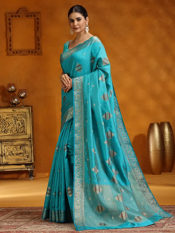 Aqua silk saree for festive wear