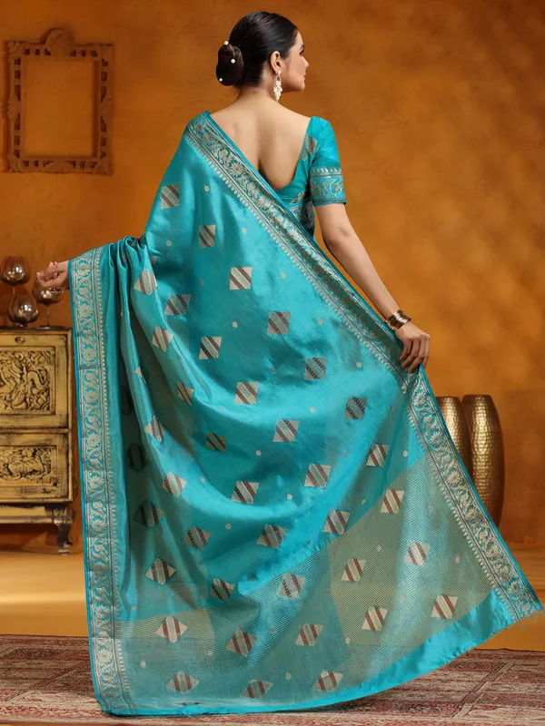 Aqua silk saree for festive wear