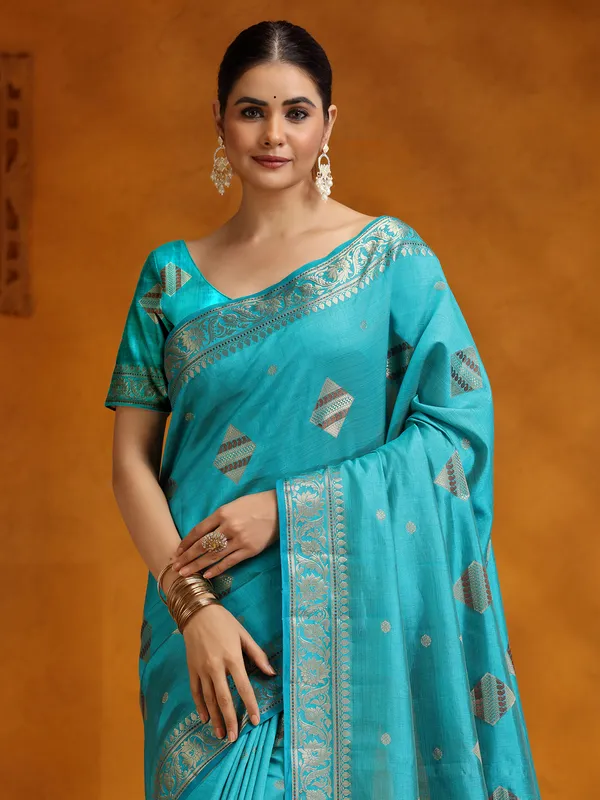 Aqua silk saree for festive wear