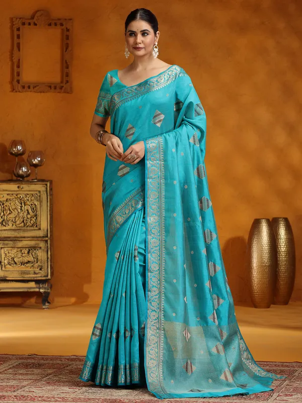 Aqua silk saree for festive wear