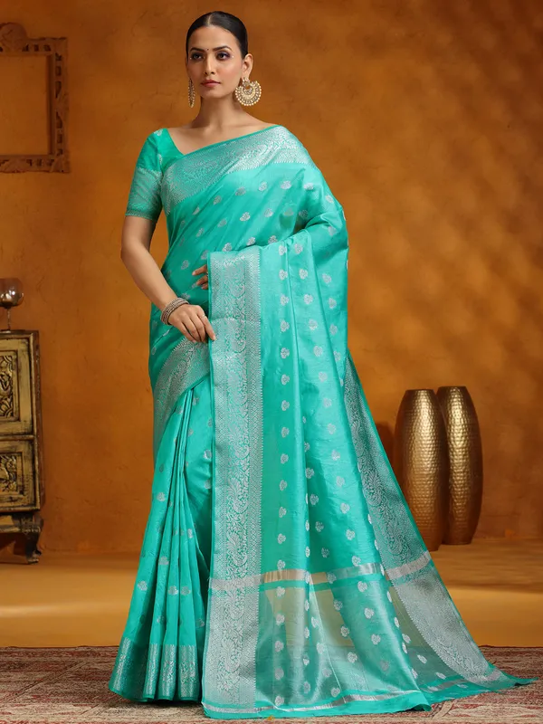 Aqua silk saree with silver weaving