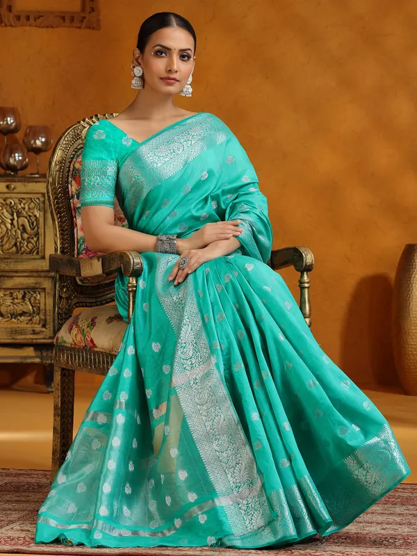 Aqua silk saree with silver weaving