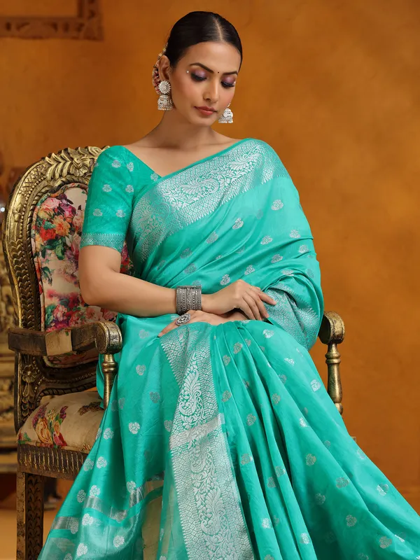 Aqua silk saree with silver weaving