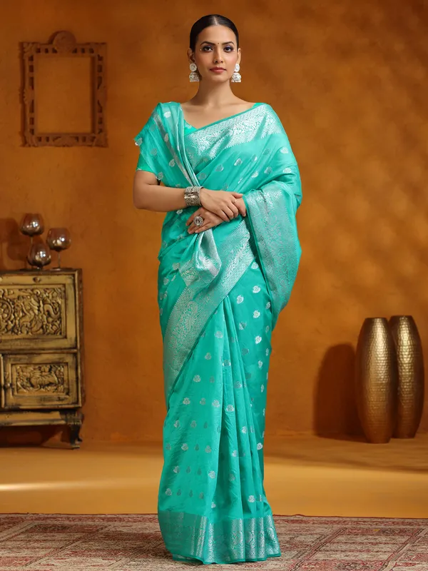 Aqua silk saree with silver weaving