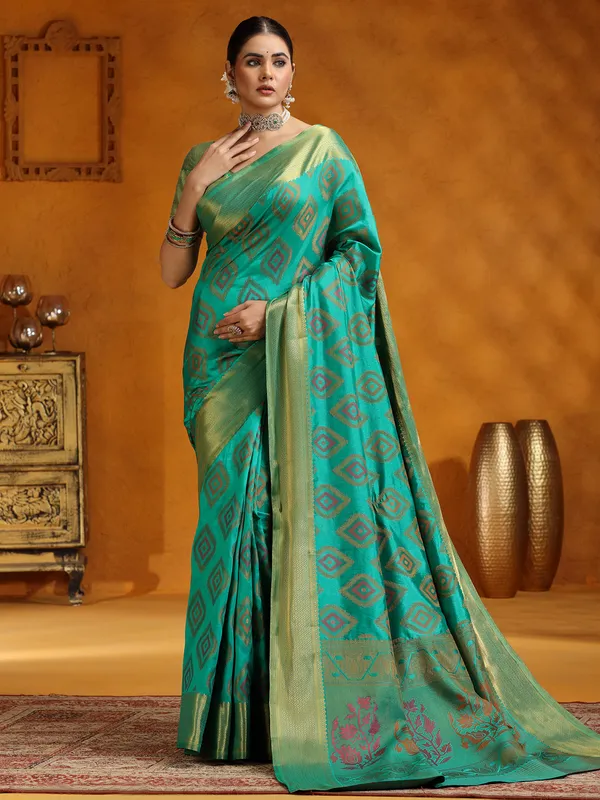 Aqua silk saree with zari embellishment