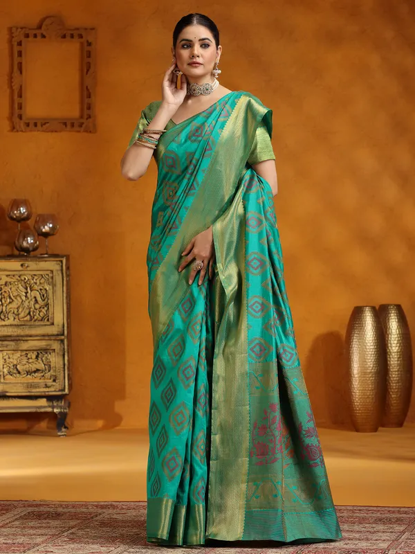 Aqua silk saree with zari embellishment