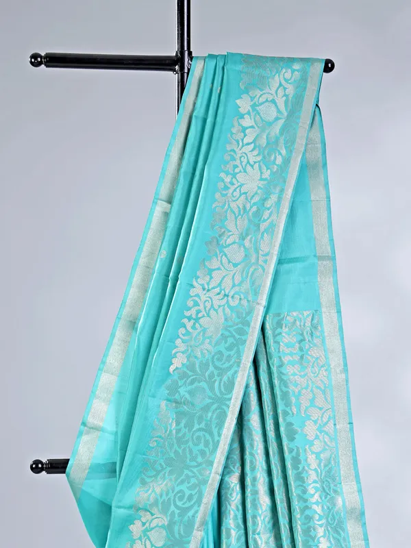 Aqua silk saree with zari weaving for wedding elegance