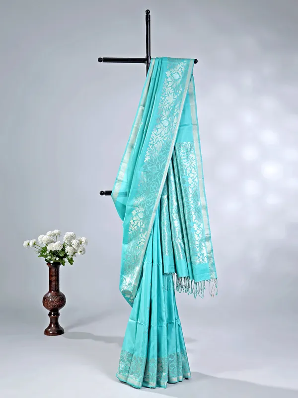 Aqua silk saree with zari weaving for wedding elegance