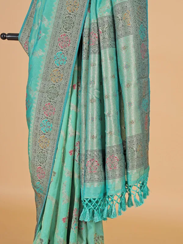 Aqua silk saree with zari work
