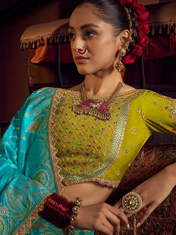 Aqua silk saree with zari work for women