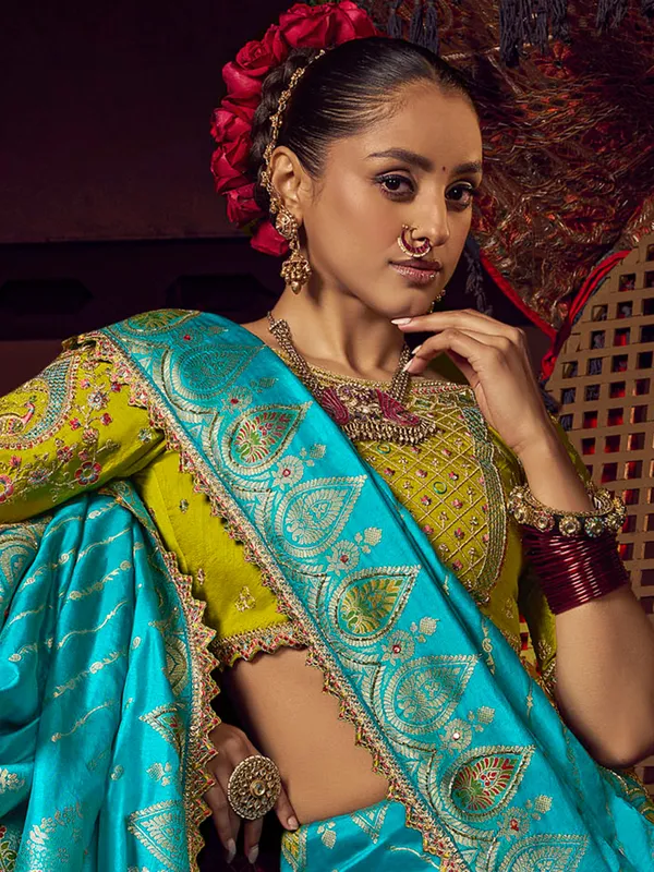 Aqua silk saree with zari work for women