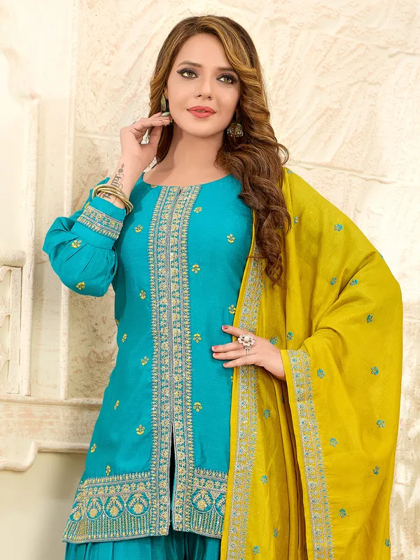 Aqua silk wedding wear dhoti suit