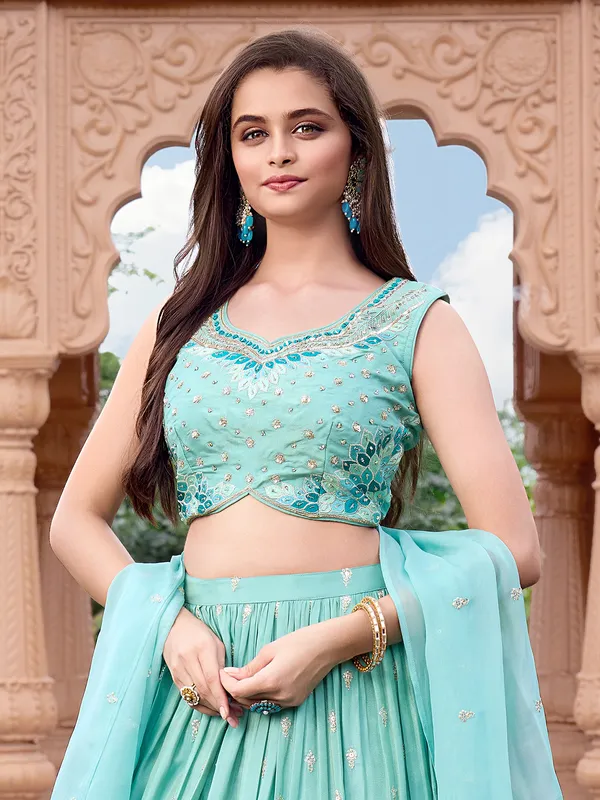 Aqua silk wedding wear lehenga choli for girls