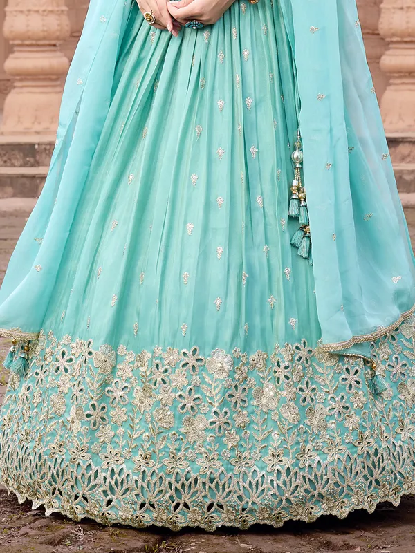 Aqua silk wedding wear lehenga choli for girls