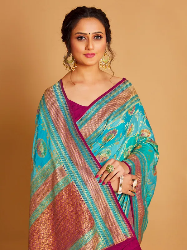 Aqua silk zari weaving saree for wedding