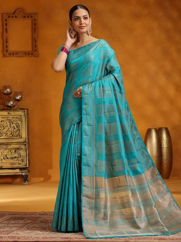 Aqua silk zari worked saree