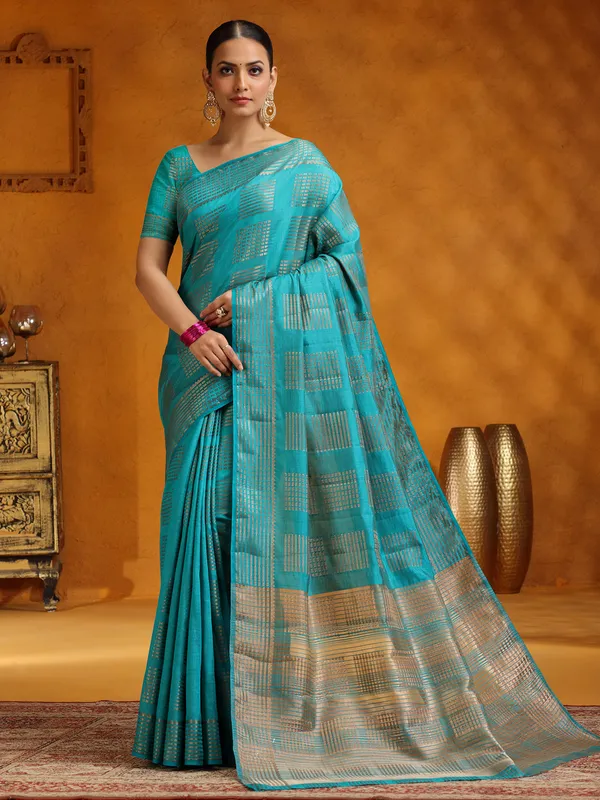 Aqua silk zari worked saree