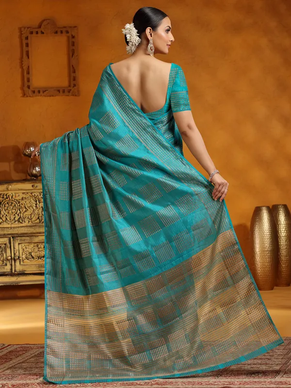 Aqua silk zari worked saree