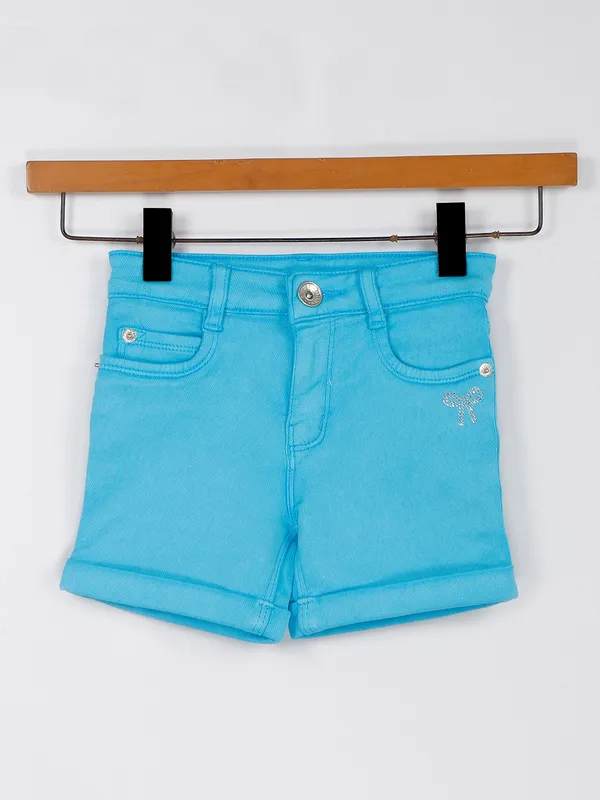 Aqua solid denim girls shorts