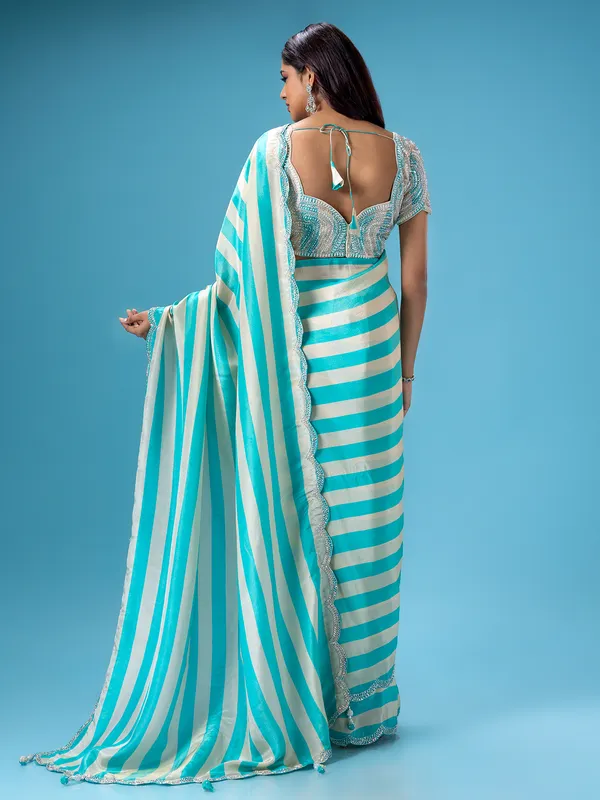 Aqua stripe mashru silk saree