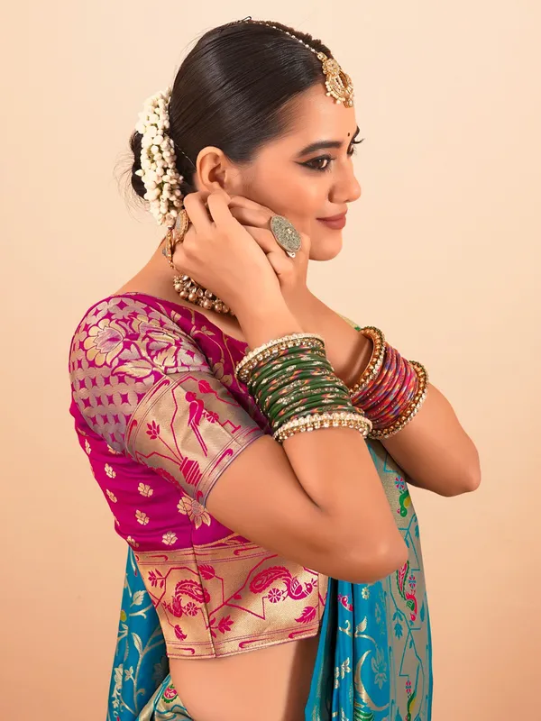 Aqua wedding wear paithani silk saree