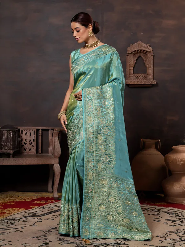 Aqua wedding wear saree in soft dola silk