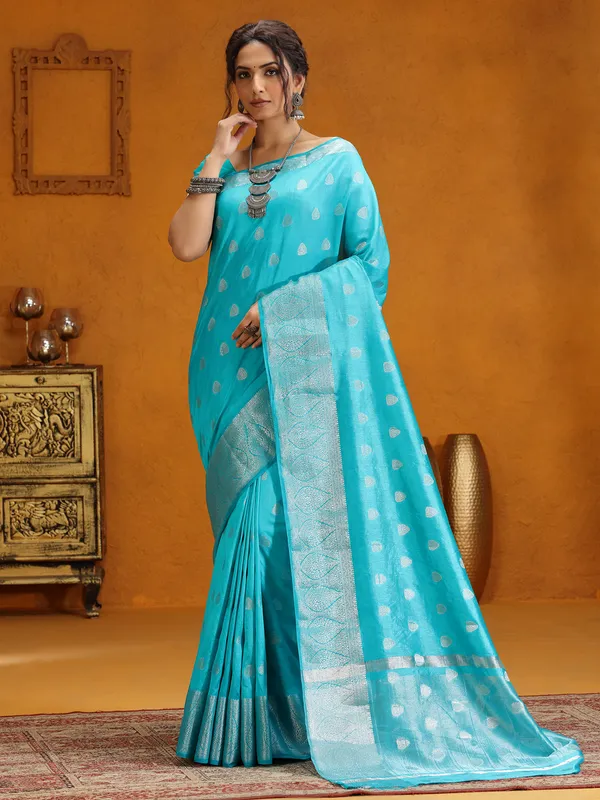 Aqua zari weaving silk saree for wedding