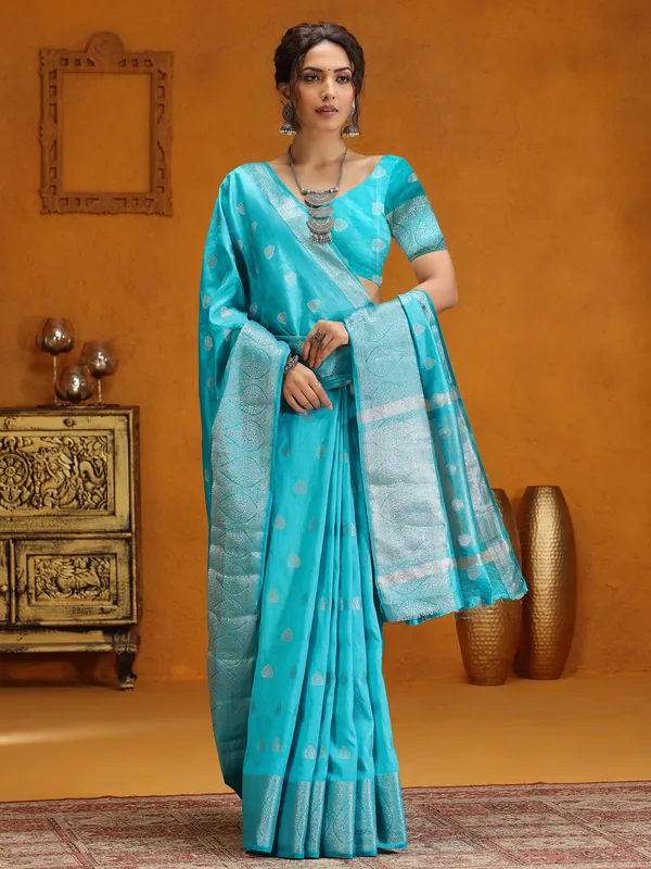 Aqua zari weaving silk saree for wedding