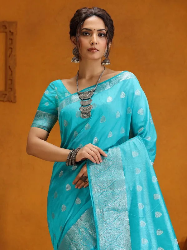 Aqua zari weaving silk saree for wedding