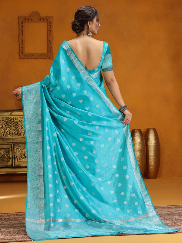 Aqua zari weaving silk saree for wedding