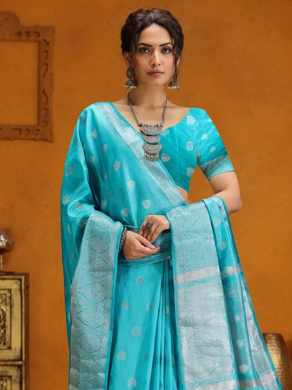 Aqua zari weaving silk saree for wedding