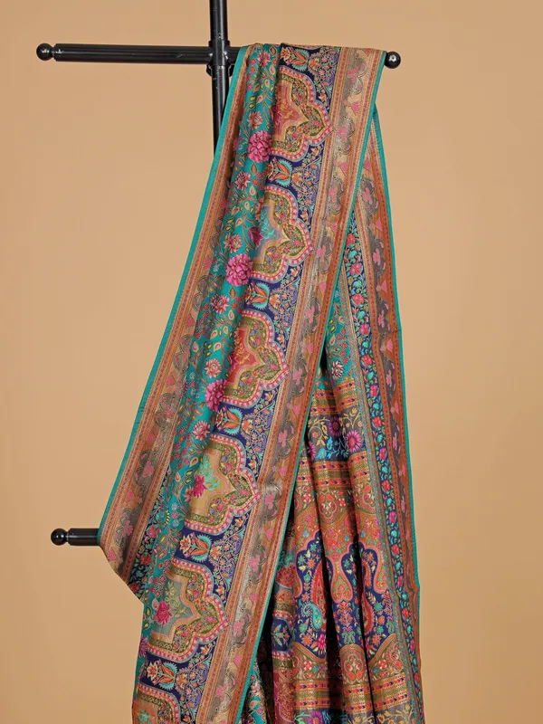 Aqua zari weaving wedding style silk saree