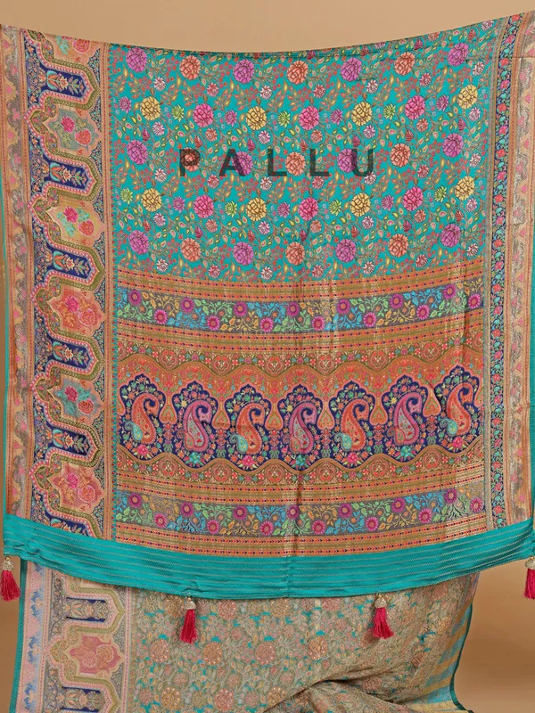 Aqua zari weaving wedding style silk saree
