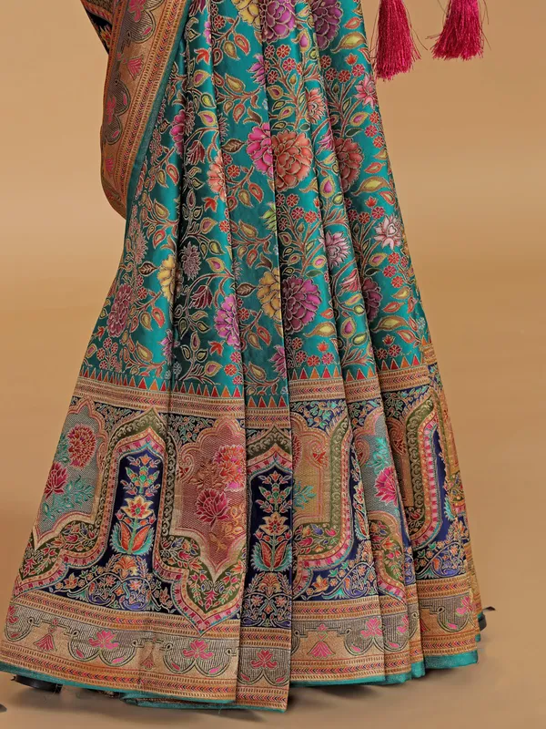 Aqua zari weaving wedding style silk saree