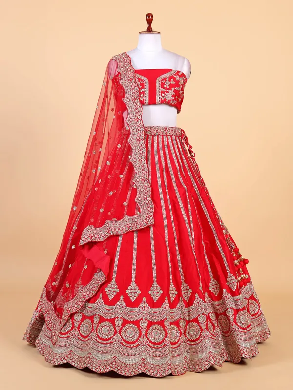 Arreactive red raw silk lehenga choli
