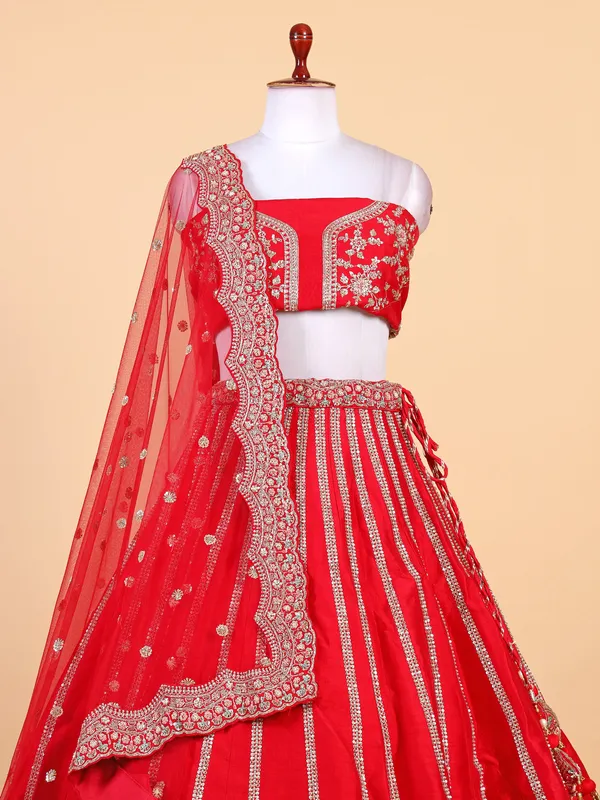 Arreactive red raw silk lehenga choli