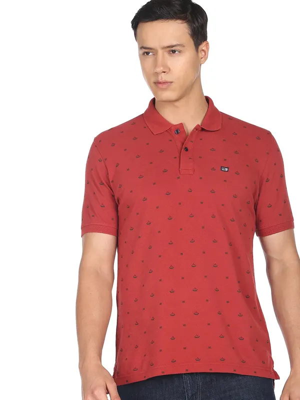 Arrow rust orange printed polo neck t shirt