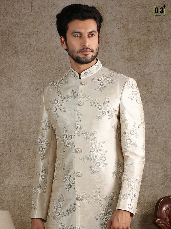 Asthetic beige raw silk sherwani set