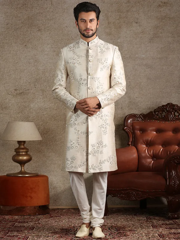 Asthetic beige raw silk sherwani set