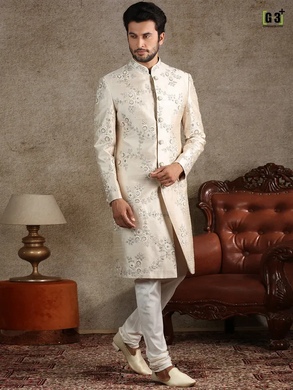 Asthetic beige raw silk sherwani set