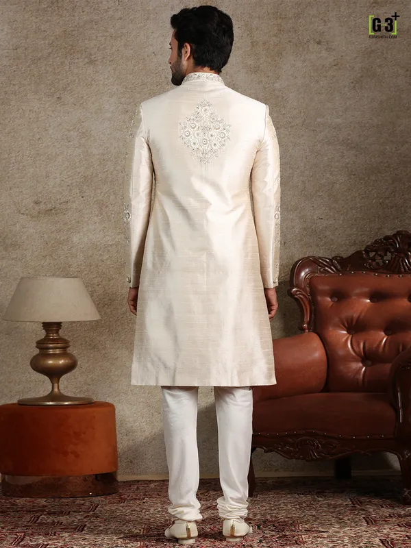 Asthetic beige raw silk sherwani set