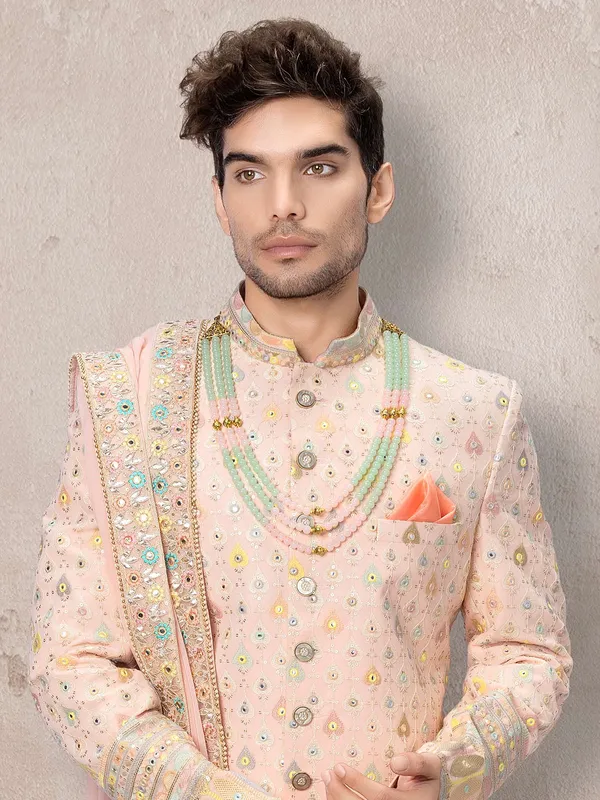 Asthetic peach georgette designer sherwani