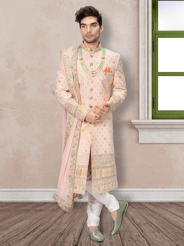Asthetic peach georgette designer sherwani