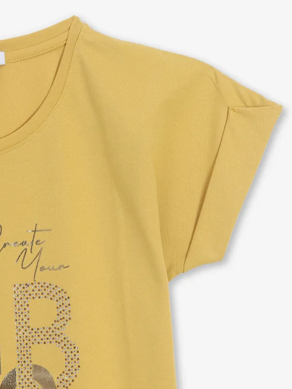 ASTRON printed mustard yellow cotton t-shirt