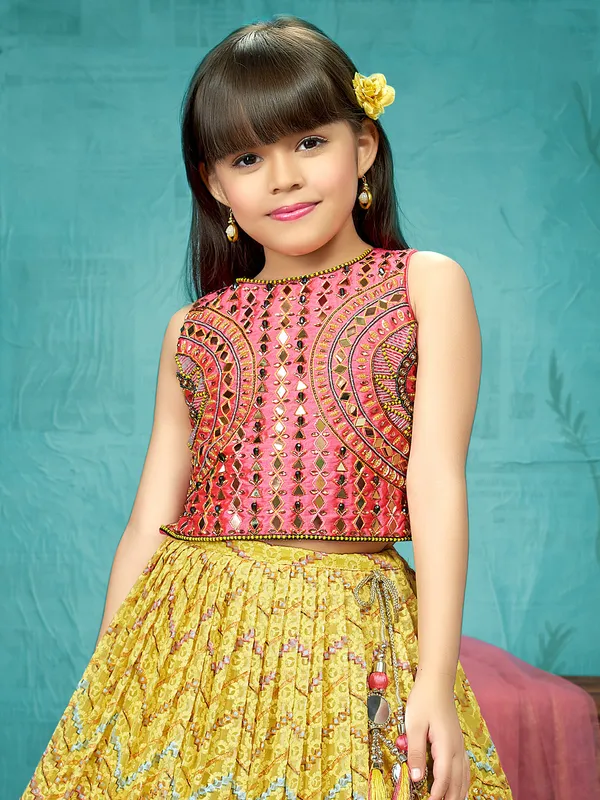 Atractive pink and yellow wedding wear lehenga choli
