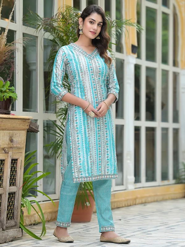 Attractive aqua cotton kurti set